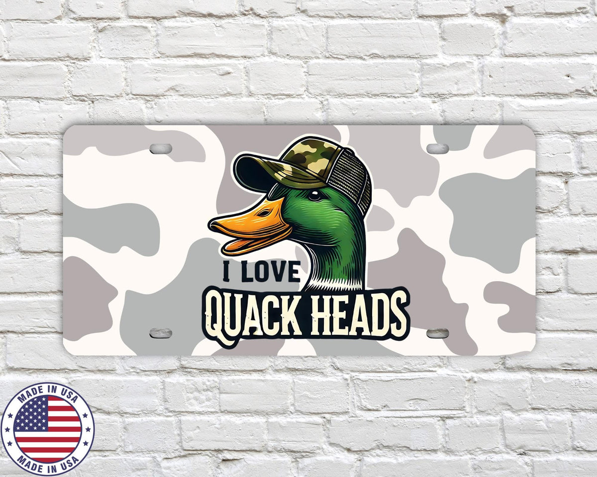 I Love Quack Heads License Plate | Funny Duck Hunting Vanity Tag | Camo Mallard Car Plate | Waterfowl Hunter Gift | Made in USA