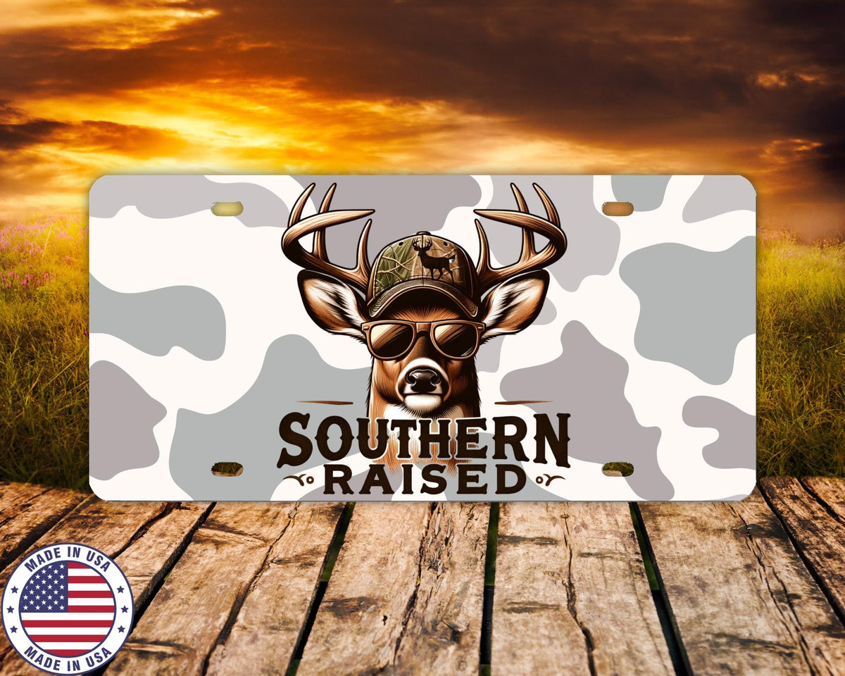 Southern Raised License Plate | Deer Hunting Vanity Tag | Country Boy Camo Car Plate | Outdoorsman Truck Gift | Made in USA