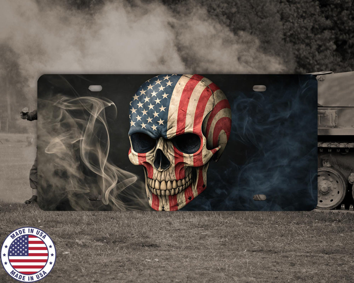 American Flag Skull License Plate | Patriotic Vanity Tag | USA Car Plate for Men | Biker, Veteran, or Truck Accessory | Made in USA