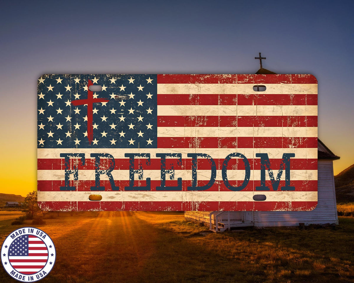 Freedom Cross Front License Plate | Christian American Flag Vanity Tag | Patriotic Car Plate | Faith & Freedom Truck Accessory