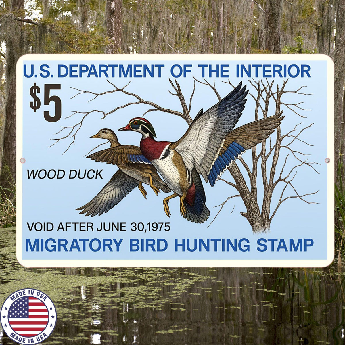 1975 Wood Duck Stamp Sign – Vintage Migratory Bird Hunting Art – 8x12 Metal Wall Decor for Hunting Lodge, Cabin, or Man Cave 12x18