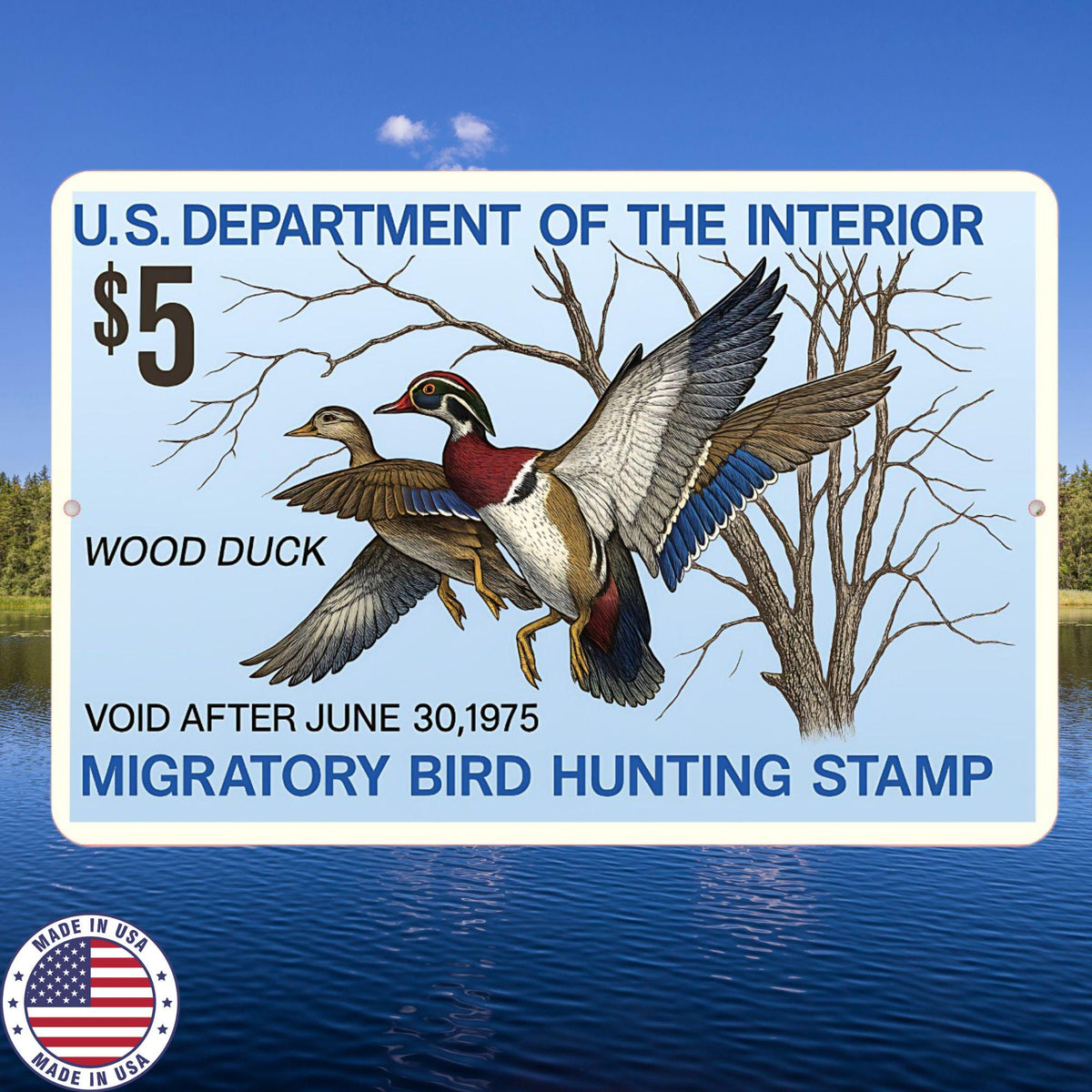 1975 Wood Duck Stamp Sign – Vintage Migratory Bird Hunting Art – 8x12 Metal Wall Decor for Hunting Lodge, Cabin, or Man Cave 12x18
