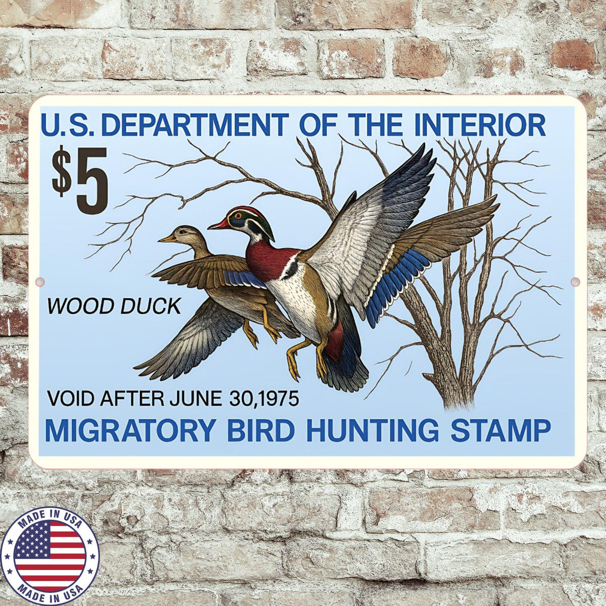 1975 Wood Duck Stamp Sign – Vintage Migratory Bird Hunting Art – 8x12 Metal Wall Decor for Hunting Lodge, Cabin, or Man Cave 12x18