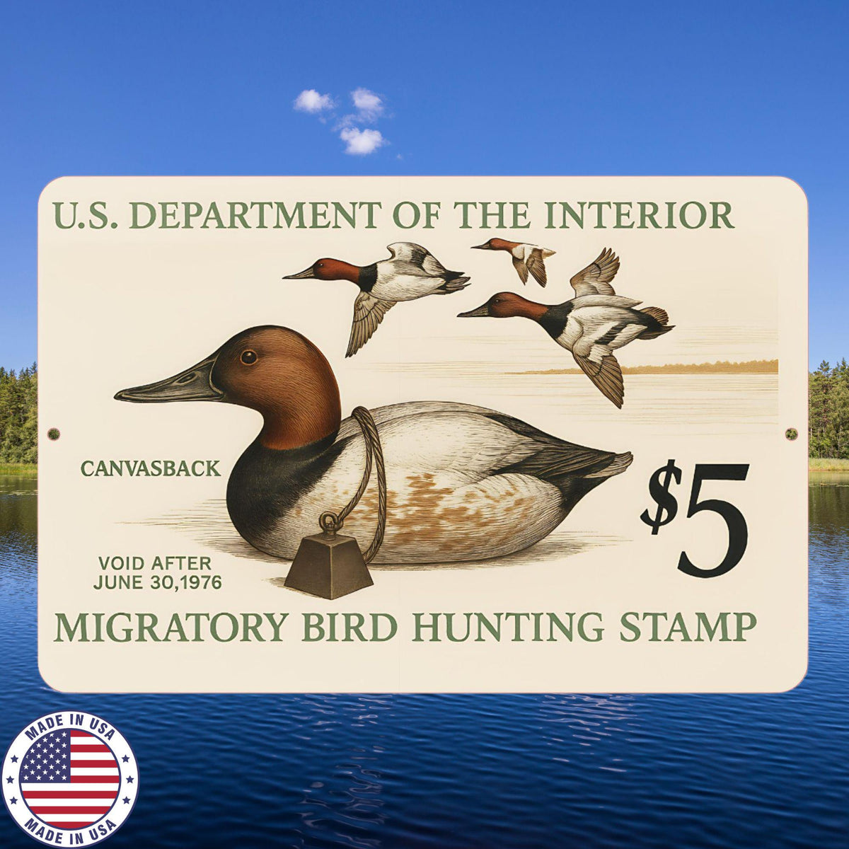 1976 Canvas Back Duck Stamp Sign – Vintage Migratory Bird Hunting Art – 8x12 Metal Wall Decor for Hunting Lodge, Cabin, or Man Cave