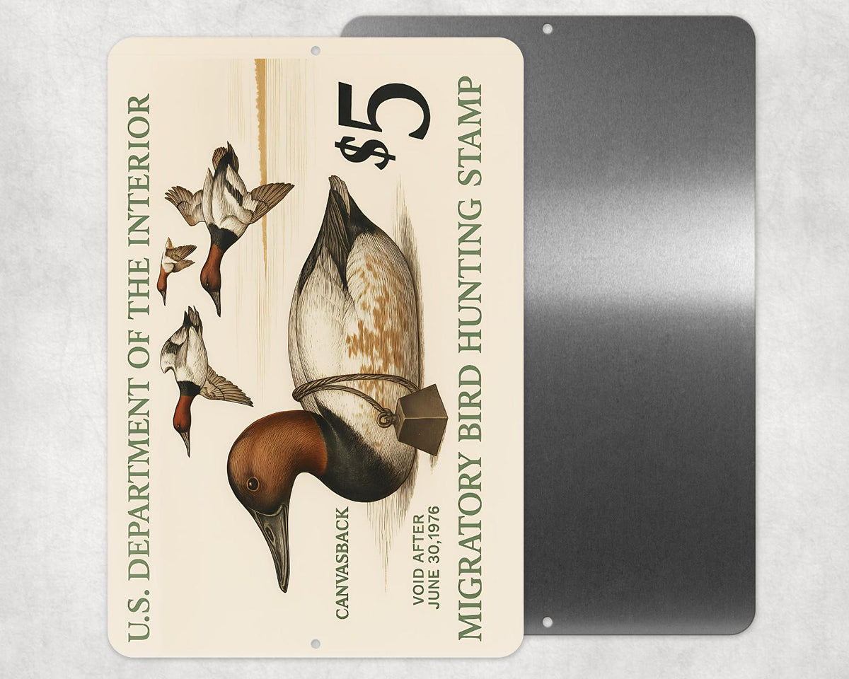 1976 Canvas Back Duck Stamp Sign – Vintage Migratory Bird Hunting Art – 8x12 Metal Wall Decor for Hunting Lodge, Cabin, or Man Cave