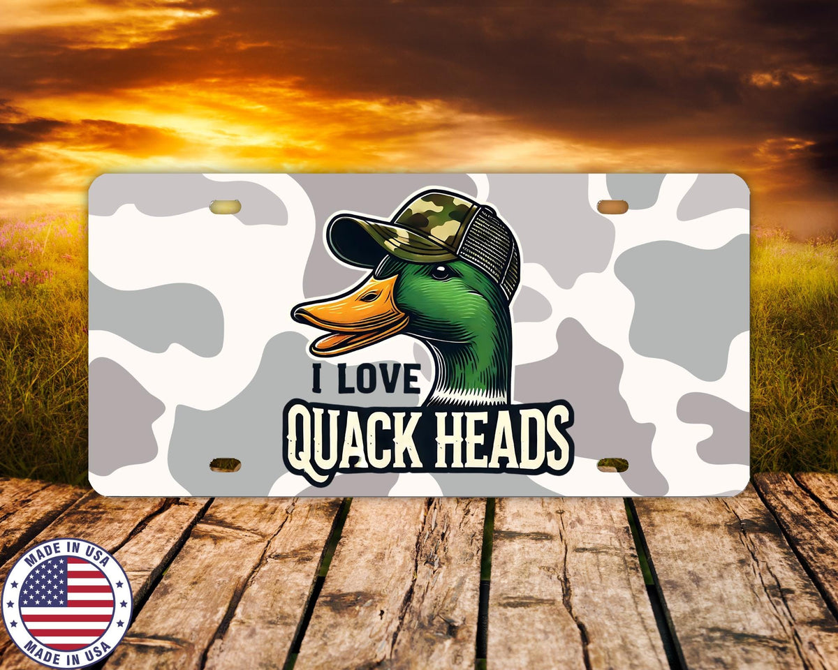 I Love Quack Heads License Plate | Funny Duck Hunting Vanity Tag | Camo Mallard Car Plate | Waterfowl Hunter Gift | Made in USA