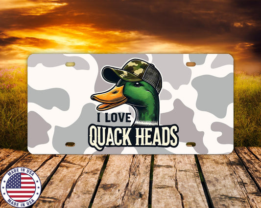 I Love Quack Heads License Plate | Funny Duck Hunting Vanity Tag | Camo Mallard Car Plate | Waterfowl Hunter Gift | Made in USA
