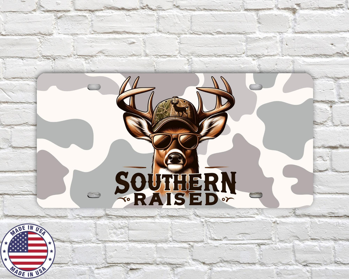 Southern Raised License Plate | Deer Hunting Vanity Tag | Country Boy Camo Car Plate | Outdoorsman Truck Gift | Made in USA