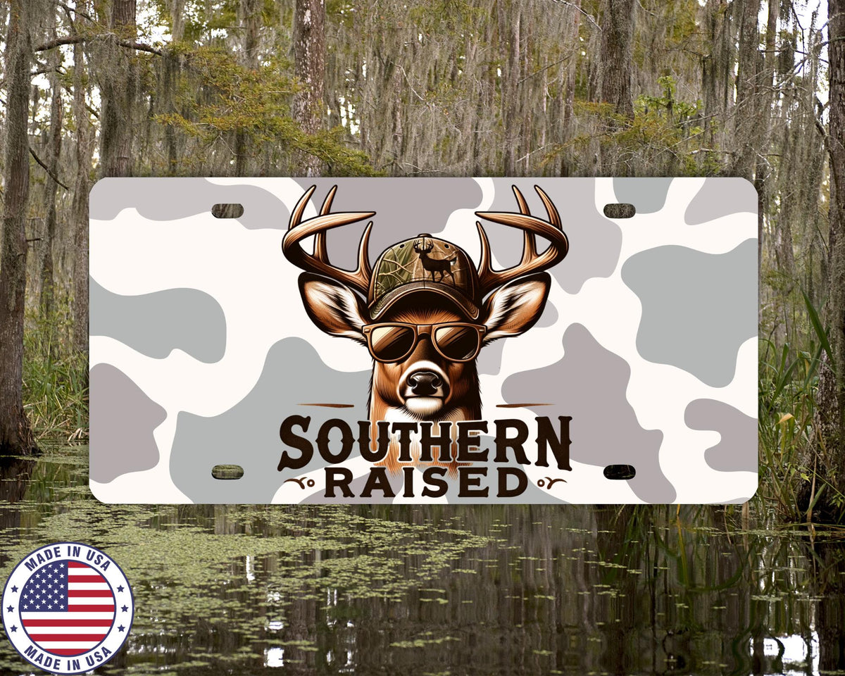 Southern Raised License Plate | Deer Hunting Vanity Tag | Country Boy Camo Car Plate | Outdoorsman Truck Gift | Made in USA