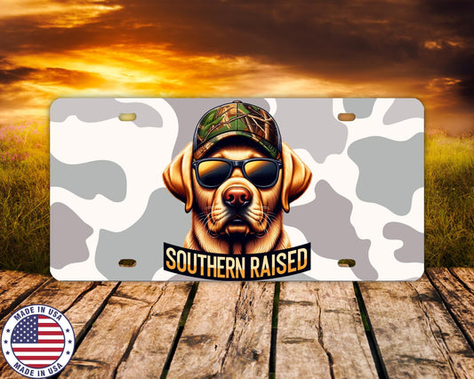 Southern Raised License Plate | Hunting Dog Vanity Tag | Camo Lab Car Plate | Country Boy Truck Accessory | Made in USA Gift