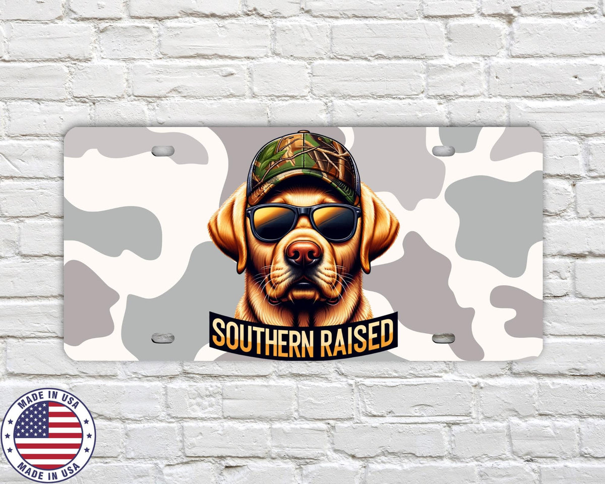 Southern Raised License Plate | Hunting Dog Vanity Tag | Camo Lab Car Plate | Country Boy Truck Accessory | Made in USA Gift