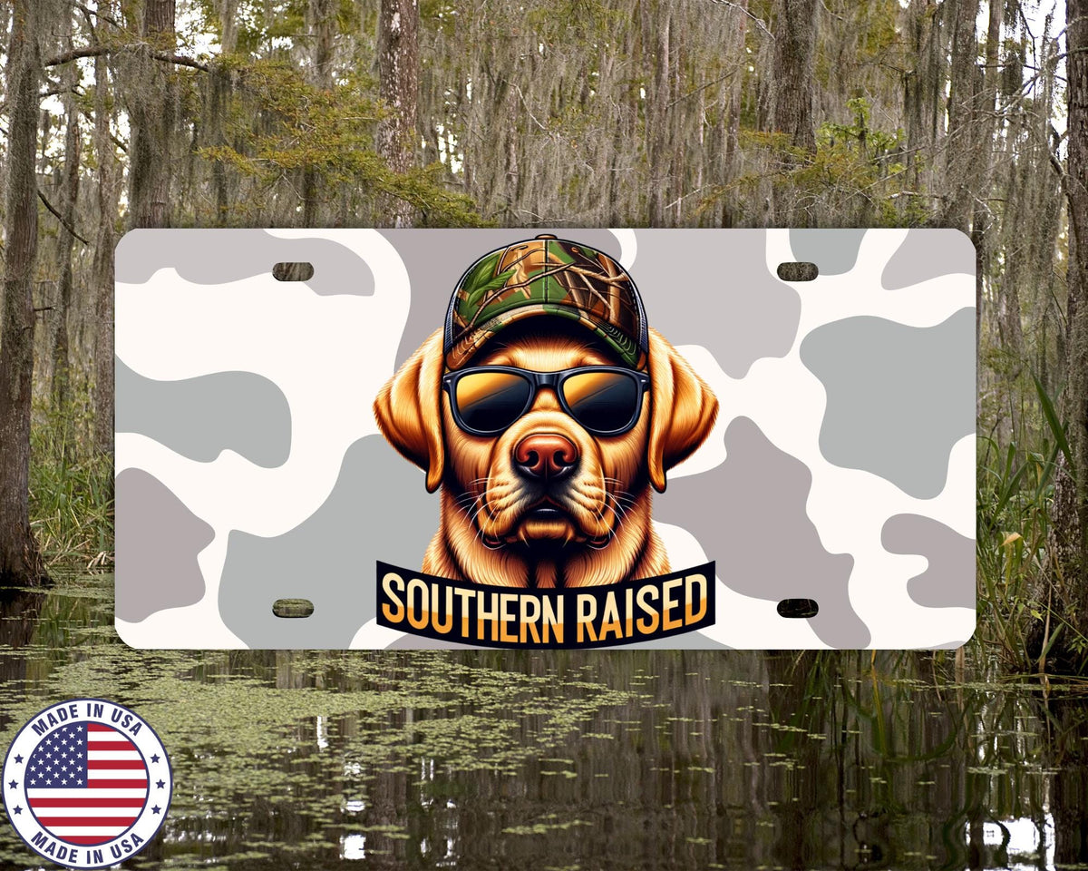 Southern Raised License Plate | Hunting Dog Vanity Tag | Camo Lab Car Plate | Country Boy Truck Accessory | Made in USA Gift