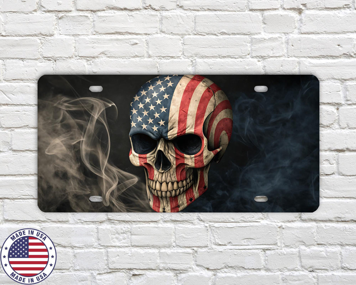American Flag Skull License Plate | Patriotic Vanity Tag | USA Car Plate for Men | Biker, Veteran, or Truck Accessory | Made in USA