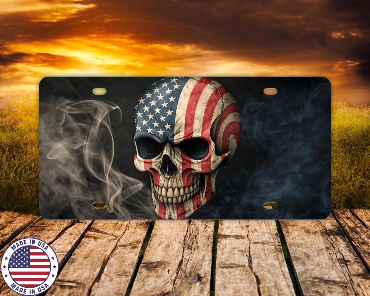 American Flag Skull License Plate | Patriotic Vanity Tag | USA Car Plate for Men | Biker, Veteran, or Truck Accessory | Made in USA