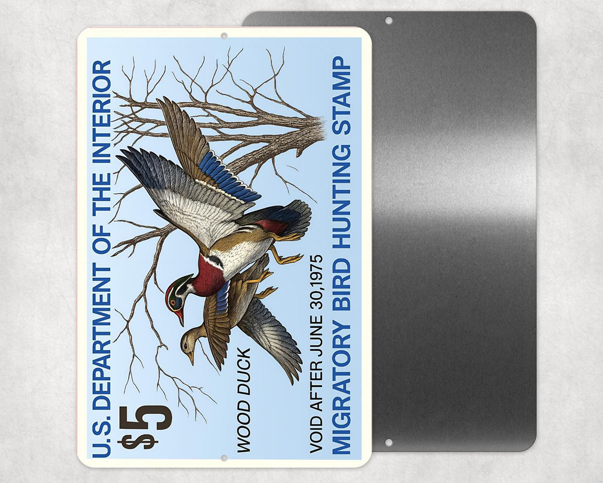 1975 Wood Duck Stamp Sign – Vintage Migratory Bird Hunting Art – 8x12 Metal Wall Decor for Hunting Lodge, Cabin, or Man Cave 12x18