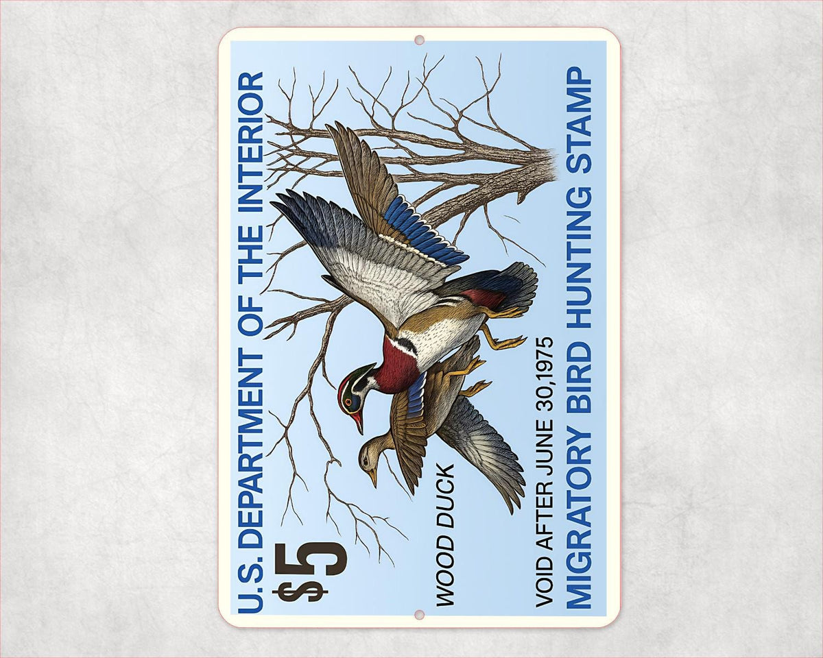1975 Wood Duck Stamp Sign – Vintage Migratory Bird Hunting Art – 8x12 Metal Wall Decor for Hunting Lodge, Cabin, or Man Cave 12x18