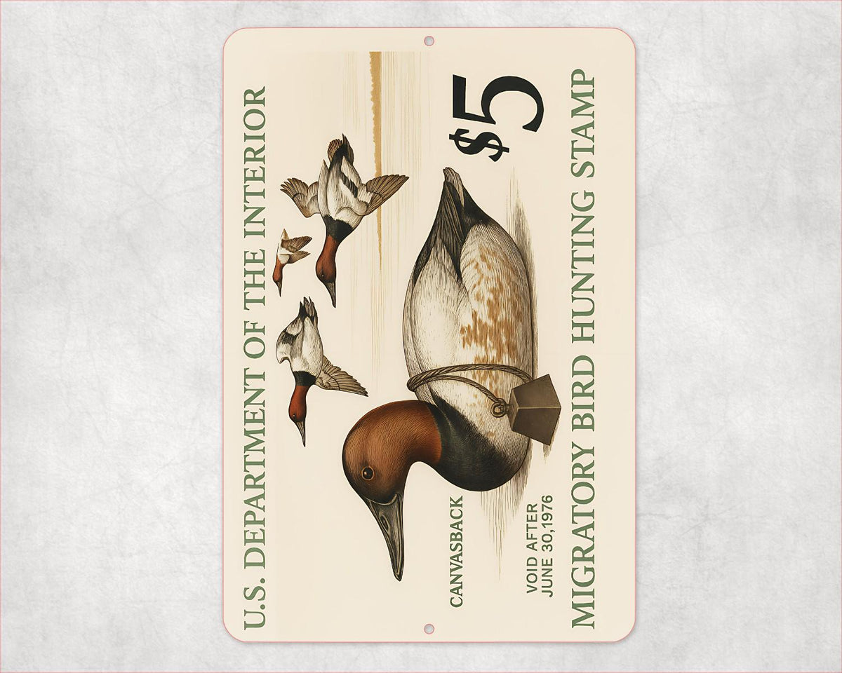 1976 Canvas Back Duck Stamp Sign – Vintage Migratory Bird Hunting Art – 8x12 Metal Wall Decor for Hunting Lodge, Cabin, or Man Cave