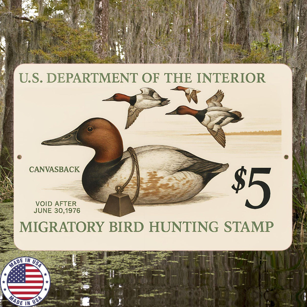 1976 Canvas Back Duck Stamp Sign – Vintage Migratory Bird Hunting Art – 8x12 Metal Wall Decor for Hunting Lodge, Cabin, or Man Cave