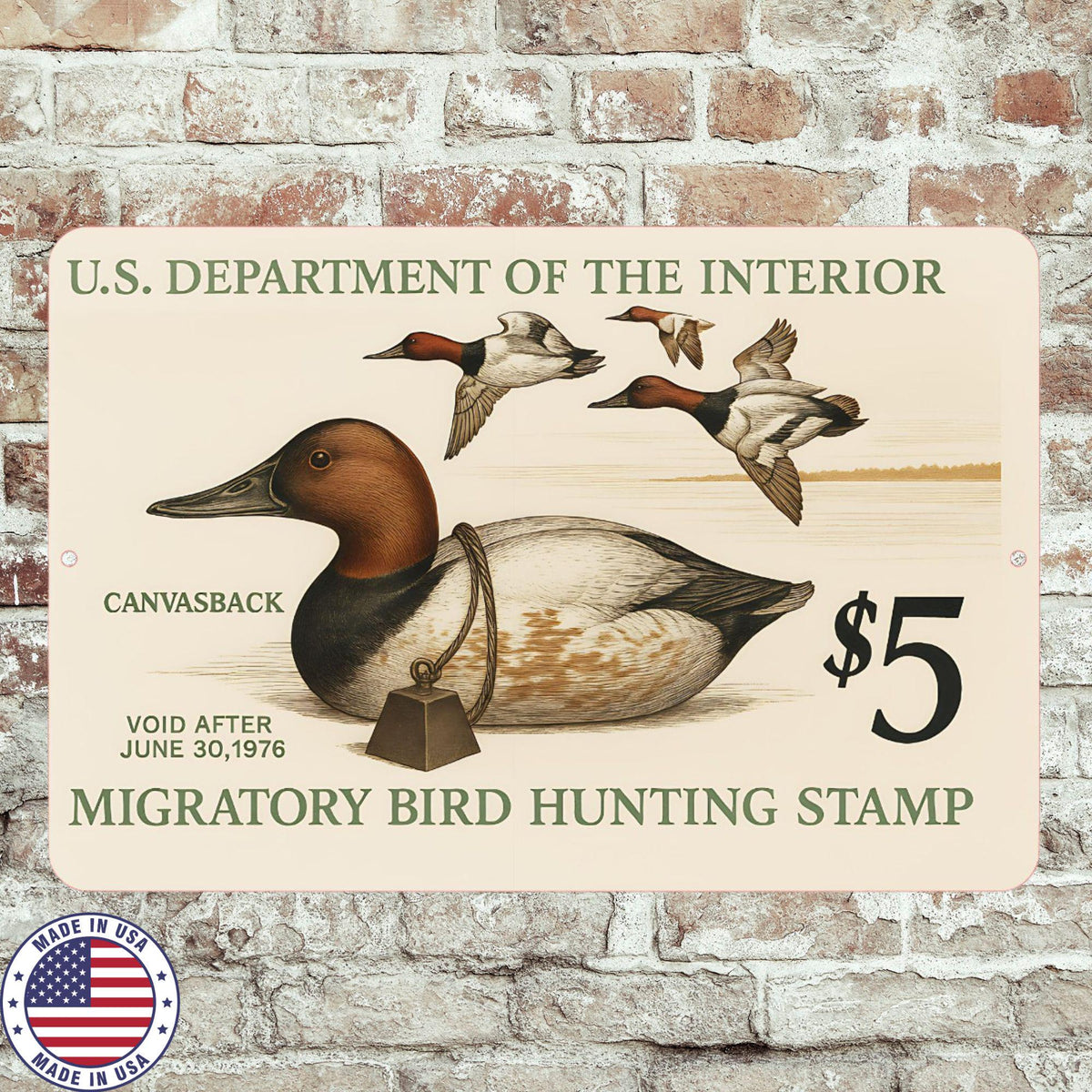 1976 Canvas Back Duck Stamp Sign – Vintage Migratory Bird Hunting Art – 8x12 Metal Wall Decor for Hunting Lodge, Cabin, or Man Cave