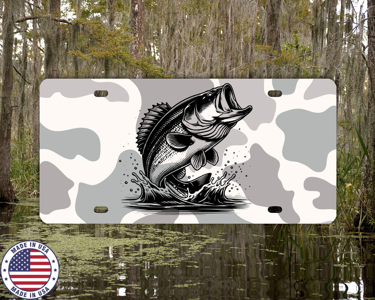 Camo Bass License Plate | Fishing Vanity Tag | Largemouth Bass Truck Plate | Country Outdoors Car Accessory | Made in USA