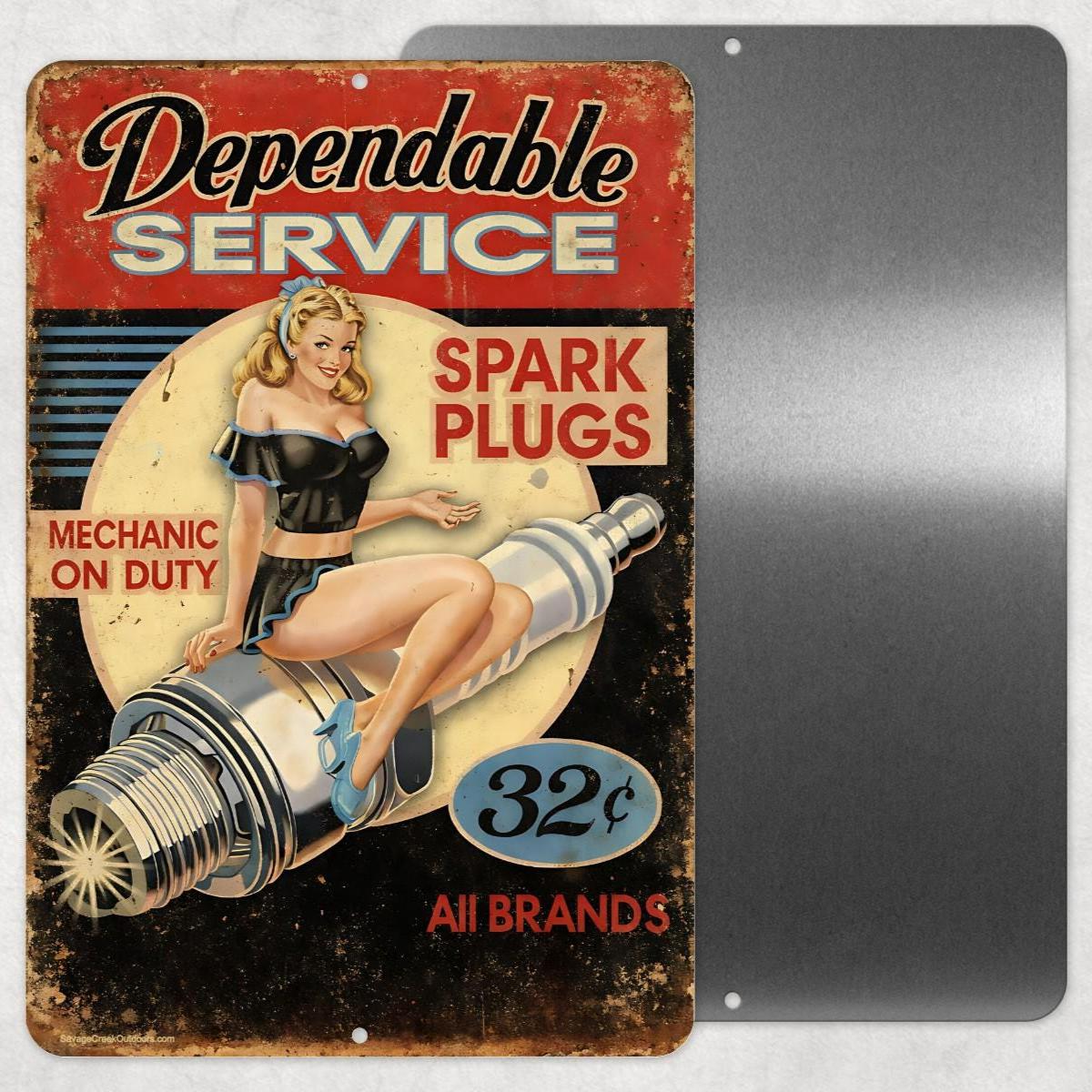 Vintage Spark Plugs Metal Sign | Retro Pin Up Garage Sign | 8x12 Aluminum Auto Shop Wall Art | Mechanic Man Cave Decor
