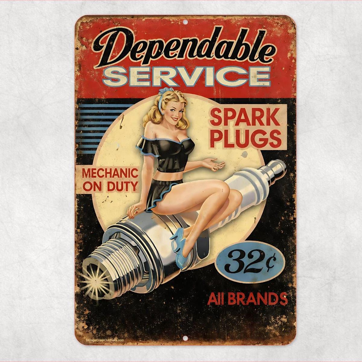 Vintage Spark Plugs Metal Sign | Retro Pin Up Garage Sign | 8x12 Aluminum Auto Shop Wall Art | Mechanic Man Cave Decor