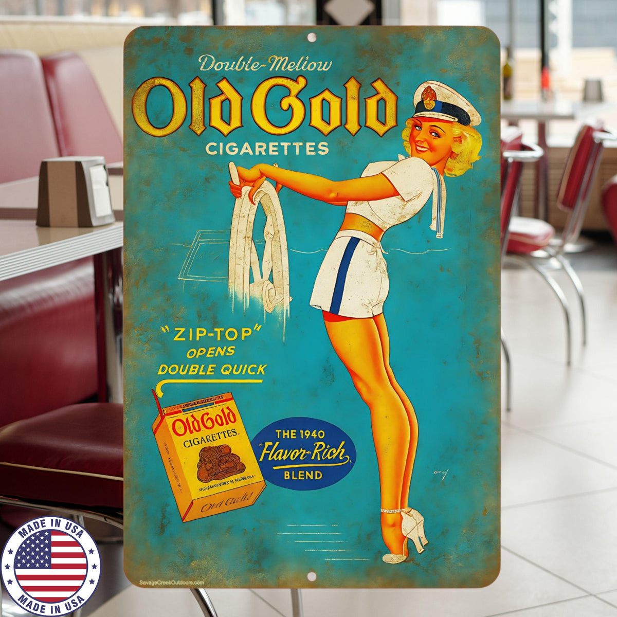 Old Gold Cigarettes Metal Sign | Vintage Pin Up Wall Art | Retro Tobacco Advertising | 8x12 Aluminum Bar Man Cave Decor