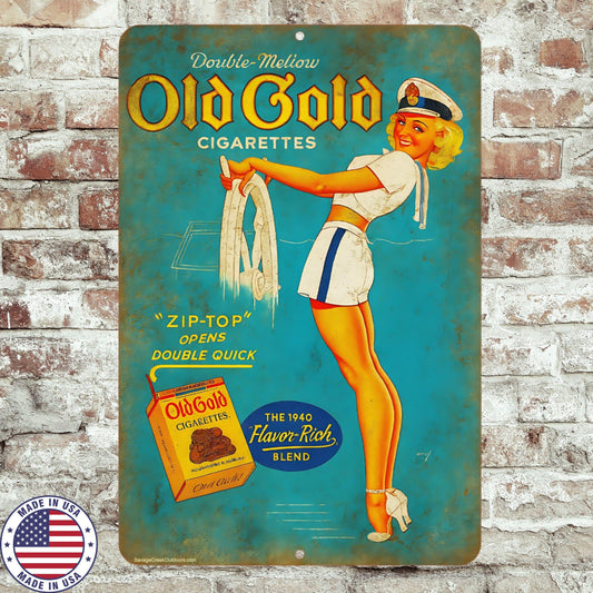 Old Gold Cigarettes Metal Sign | Vintage Pin Up Wall Art | Retro Tobacco Advertising | 8x12 Aluminum Bar Man Cave Decor