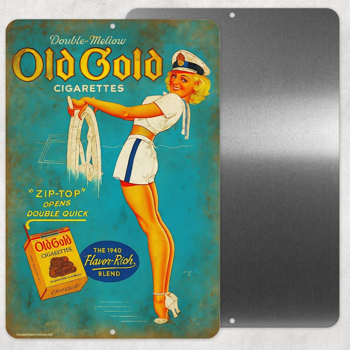 Old Gold Cigarettes Metal Sign | Vintage Pin Up Wall Art | Retro Tobacco Advertising | 8x12 Aluminum Bar Man Cave Decor