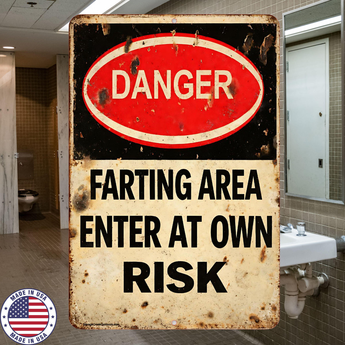 Danger Farting Area Sign | Funny Bathroom Metal Sign | 8x12 Aluminum Warning Sign | Man Cave Garage Humor Decor