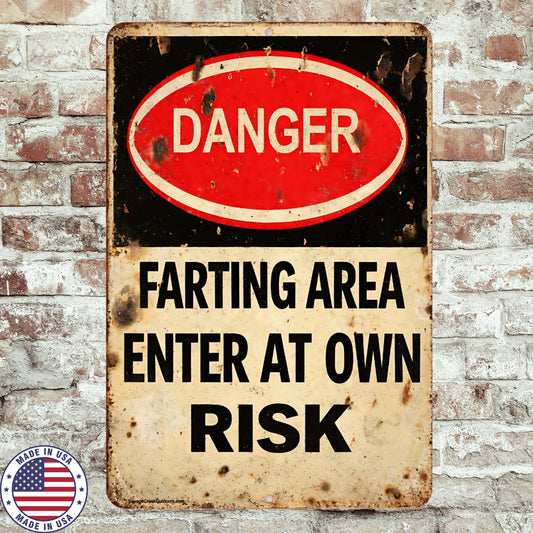 Danger Farting Area Sign | Funny Bathroom Metal Sign | 8x12 Aluminum Warning Sign | Man Cave Garage Humor Decor