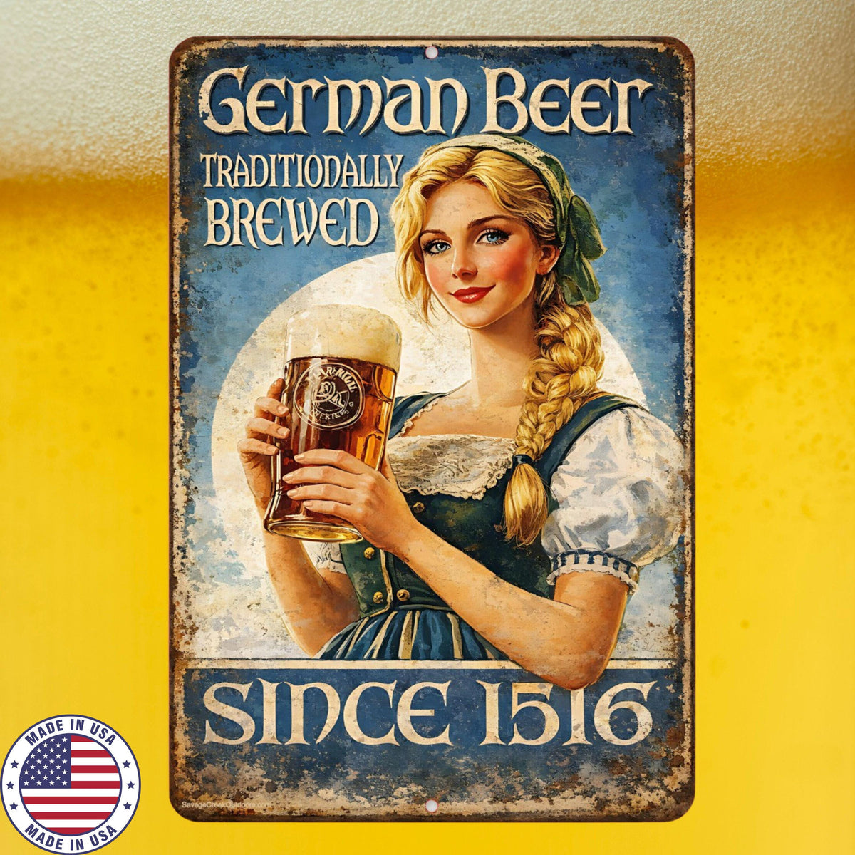 German Beer Metal Sign | Vintage Oktoberfest Wall Art | Retro Bar Decor | 8x12 Aluminum Beer Sign | Rustic Pub Man Cave