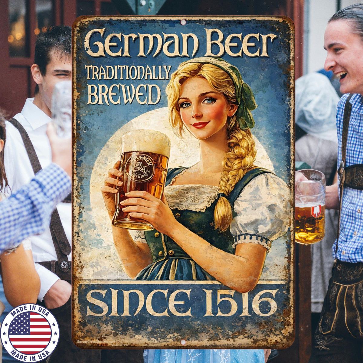 German Beer Metal Sign | Vintage Oktoberfest Wall Art | Retro Bar Decor | 8x12 Aluminum Beer Sign | Rustic Pub Man Cave