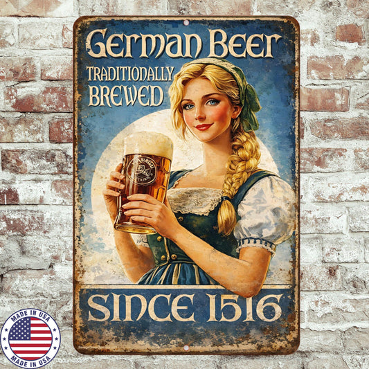 German Beer Metal Sign | Vintage Oktoberfest Wall Art | Retro Bar Decor | 8x12 Aluminum Beer Sign | Rustic Pub Man Cave