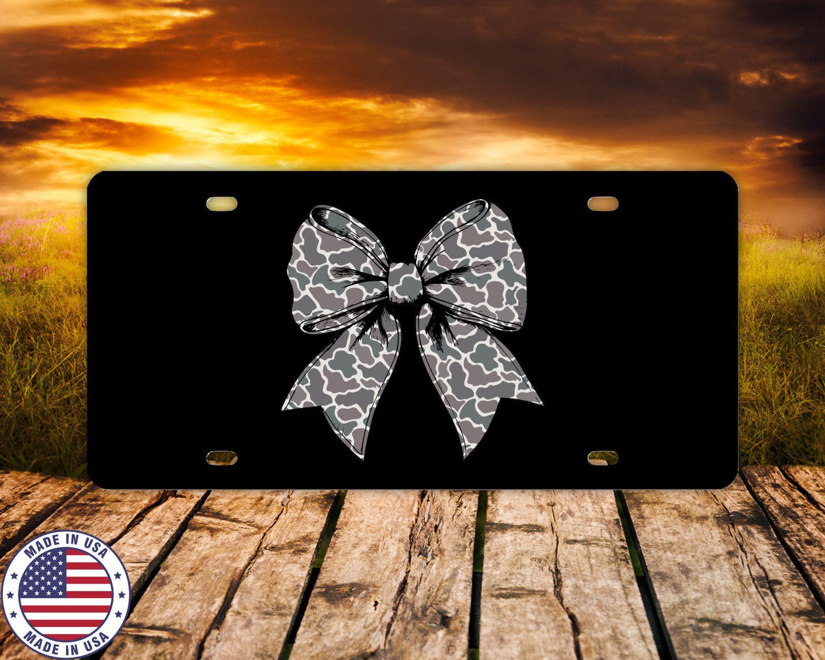 Old School Camo Bow License Plate | 12x6 Aluminum Front Tag Black Background UV Printed Vanity Plate | Car/Truck Accessories