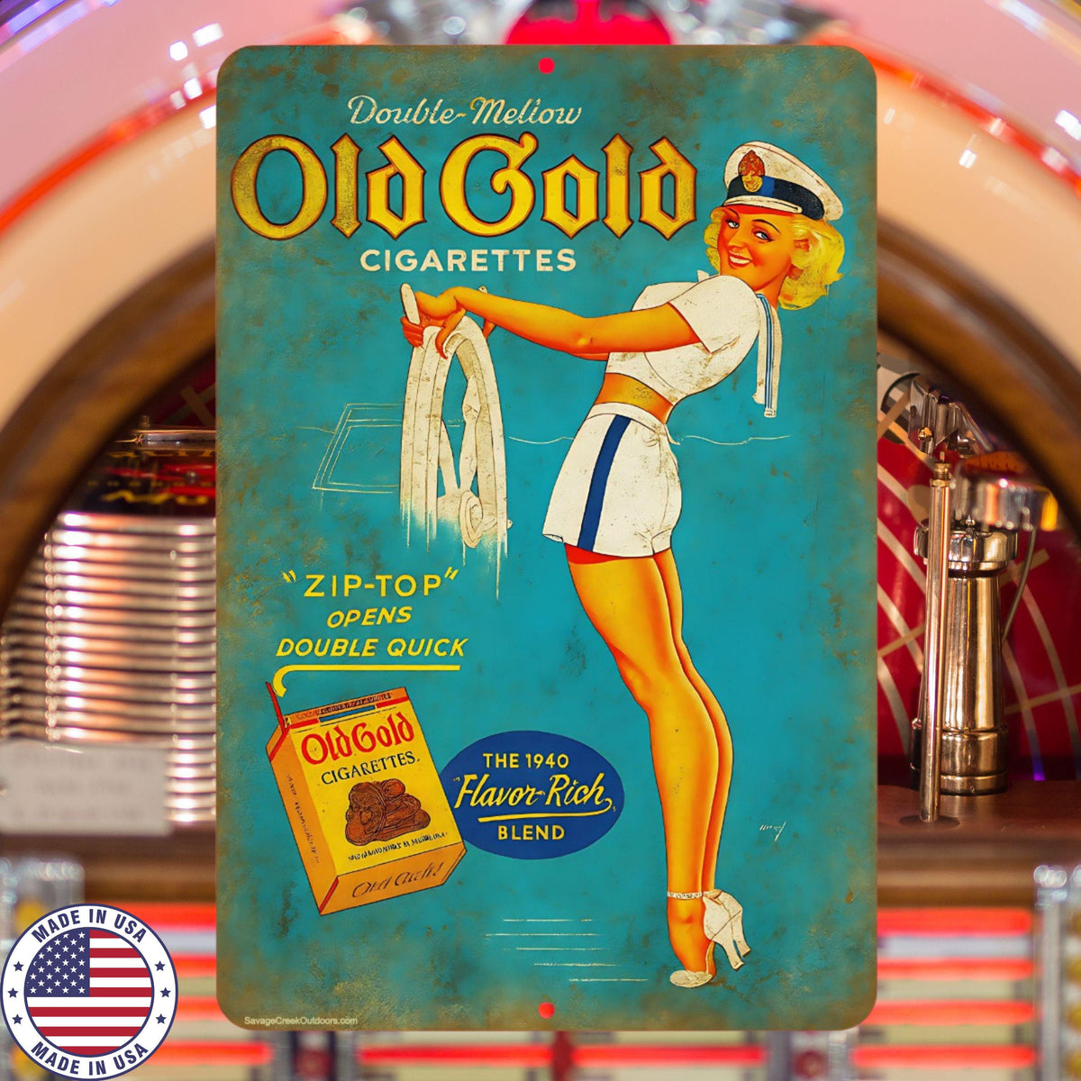 Old Gold Cigarettes Metal Sign | Vintage Pin Up Wall Art | Retro Tobacco Advertising | 8x12 Aluminum Bar Man Cave Decor