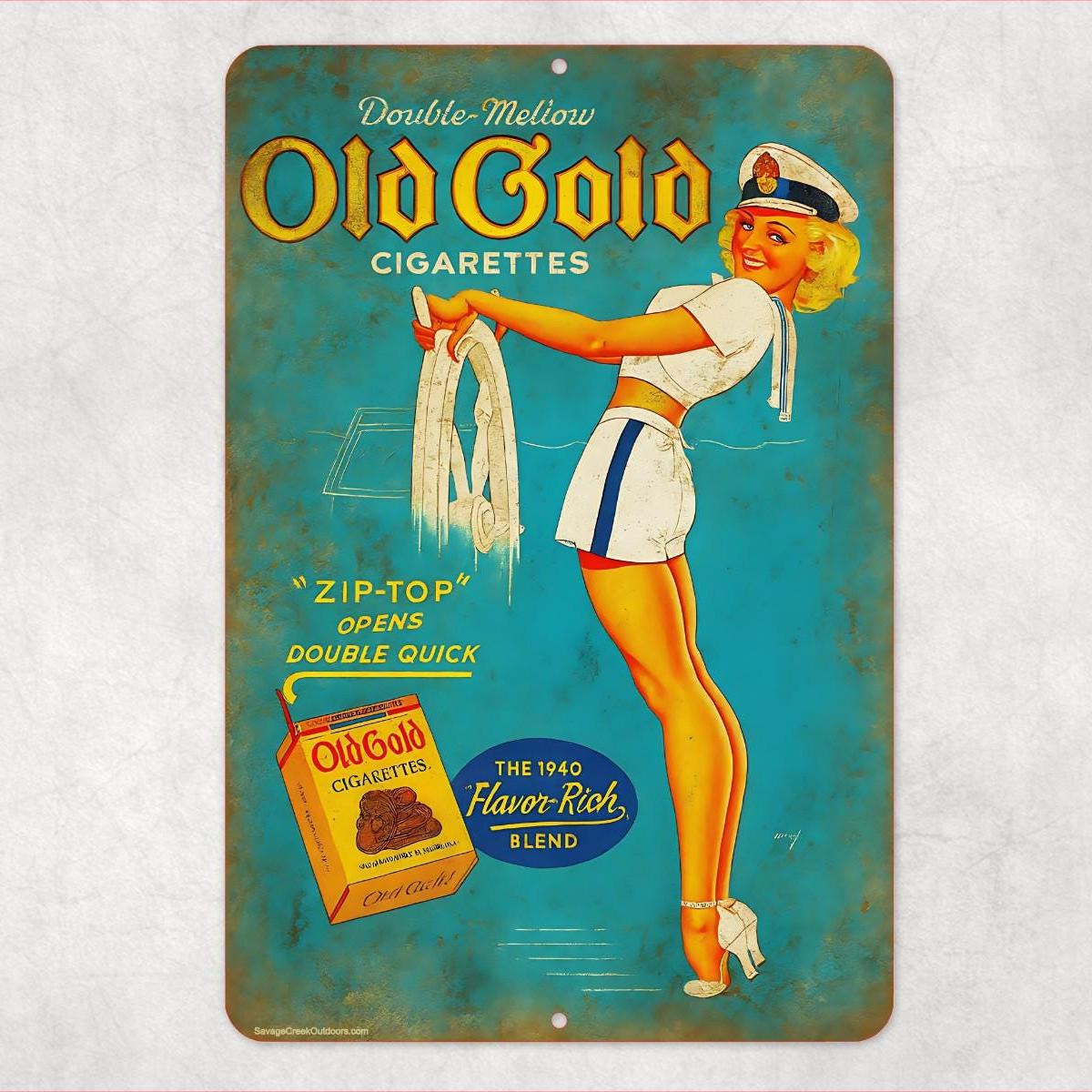Old Gold Cigarettes Metal Sign | Vintage Pin Up Wall Art | Retro Tobacco Advertising | 8x12 Aluminum Bar Man Cave Decor