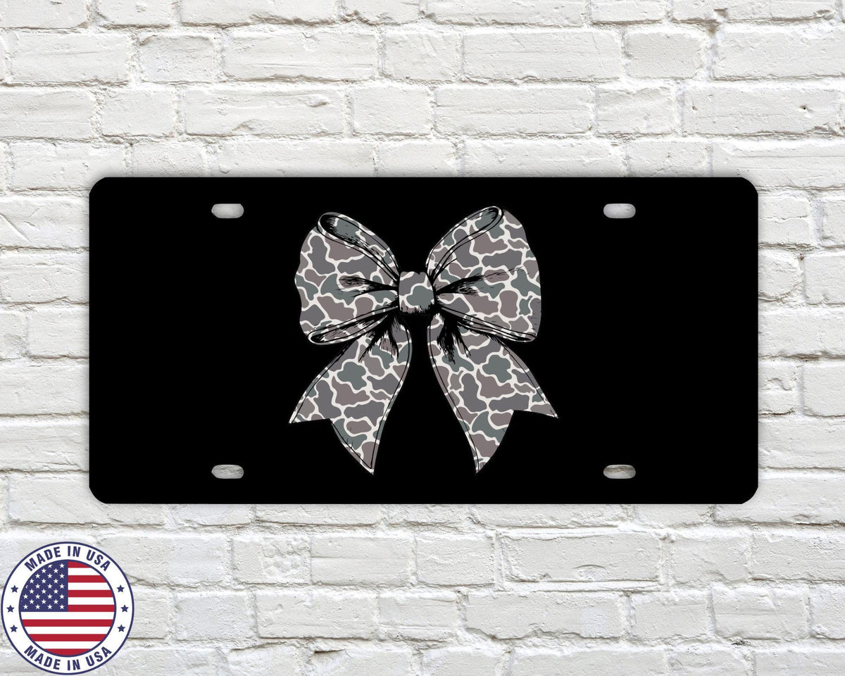 Old School Camo Bow License Plate | 12x6 Aluminum Front Tag Black Background UV Printed Vanity Plate | Car/Truck Accessories