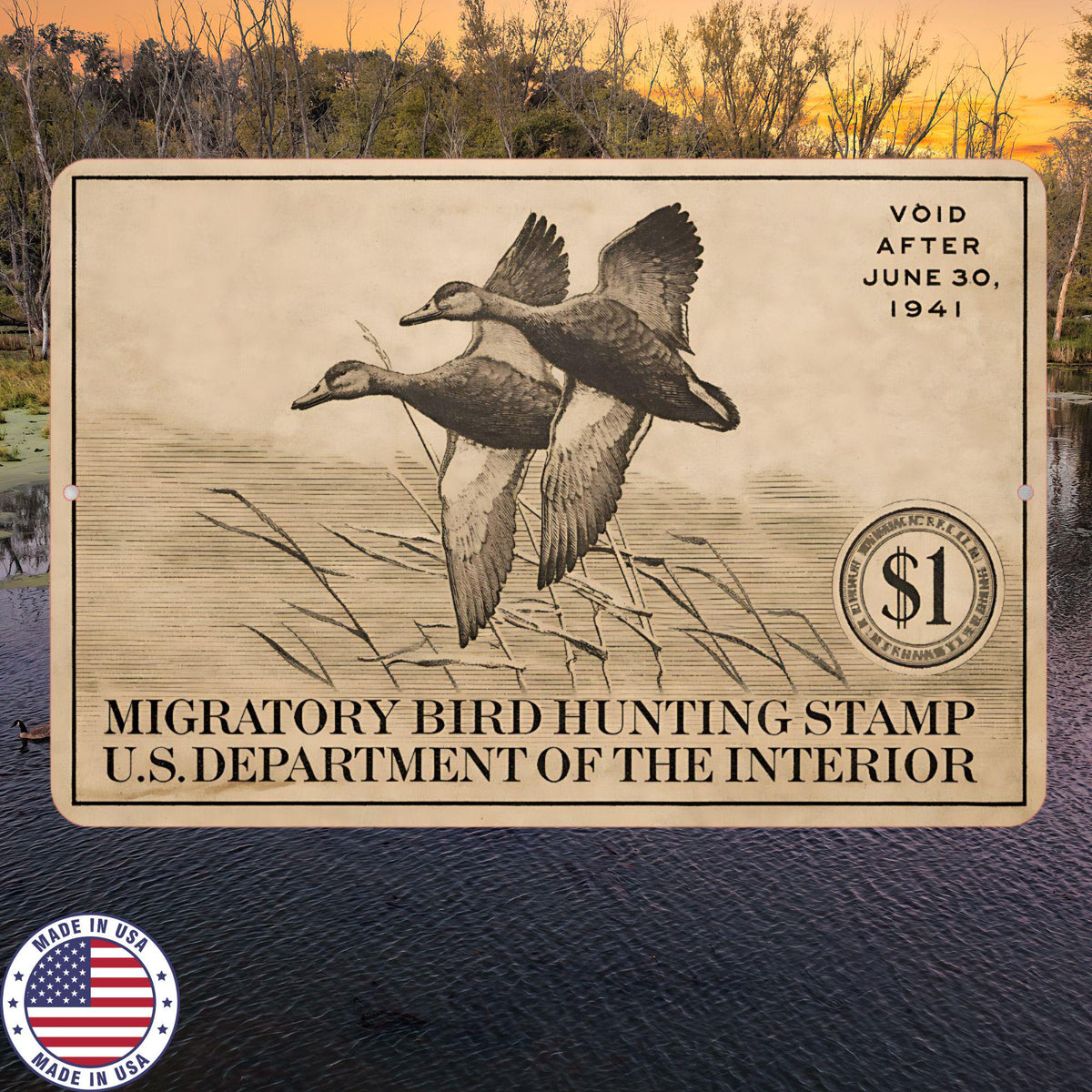 1941 Duck Stamp Metal Sign | Migratory Bird Hunting Wall Decor | Vintage Waterfowl Aluminum Sign | Rustic Cabin Lodge Decor
