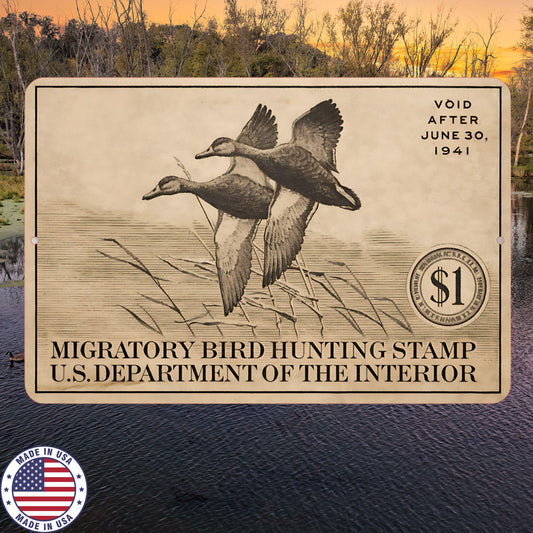 1941 Duck Stamp Metal Sign | Migratory Bird Hunting Wall Decor | Vintage Waterfowl Aluminum Sign | Rustic Cabin Lodge Decor