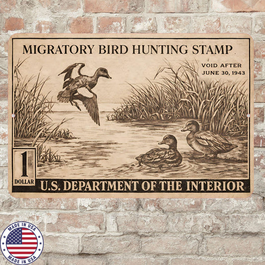 1943 Duck Stamp Metal Sign | Migratory Bird Hunting Wall Decor | Vintage Waterfowl Aluminum Sign | Rustic Cabin Lodge Decor