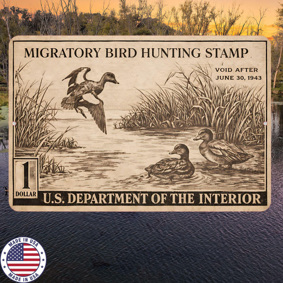 1943 Duck Stamp Metal Sign | Migratory Bird Hunting Wall Decor | Vintage Waterfowl Aluminum Sign | Rustic Cabin Lodge Decor