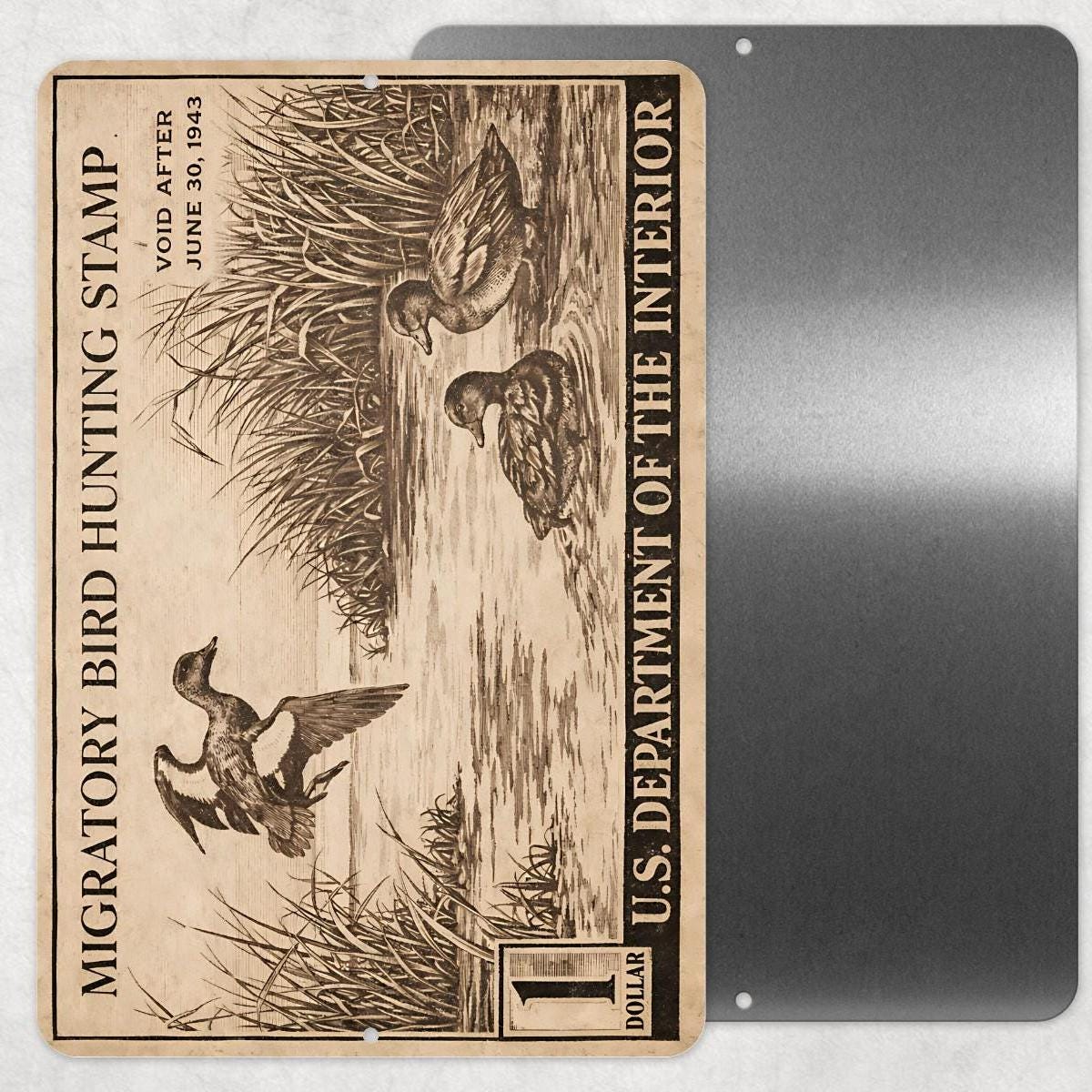 1943 Duck Stamp Metal Sign | Migratory Bird Hunting Wall Decor | Vintage Waterfowl Aluminum Sign | Rustic Cabin Lodge Decor