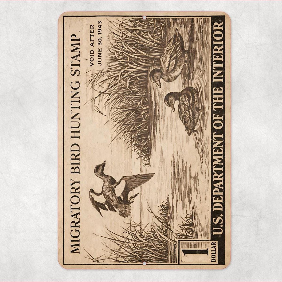 1943 Duck Stamp Metal Sign | Migratory Bird Hunting Wall Decor | Vintage Waterfowl Aluminum Sign | Rustic Cabin Lodge Decor