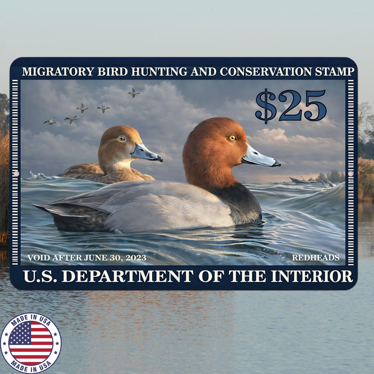 2023 Duck Stamp Metal Sign | Redhead Ducks Hunting Conservation Wall Art | Waterfowl Aluminum Cabin Lodge Decor