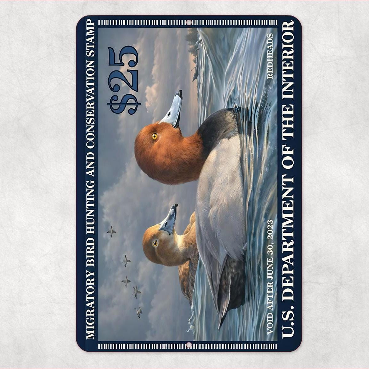 2023 Duck Stamp Metal Sign | Redhead Ducks Hunting Conservation Wall Art | Waterfowl Aluminum Cabin Lodge Decor