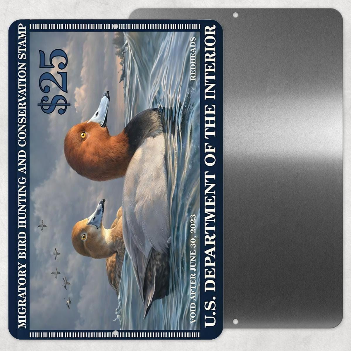 2023 Duck Stamp Metal Sign | Redhead Ducks Hunting Conservation Wall Art | Waterfowl Aluminum Cabin Lodge Decor