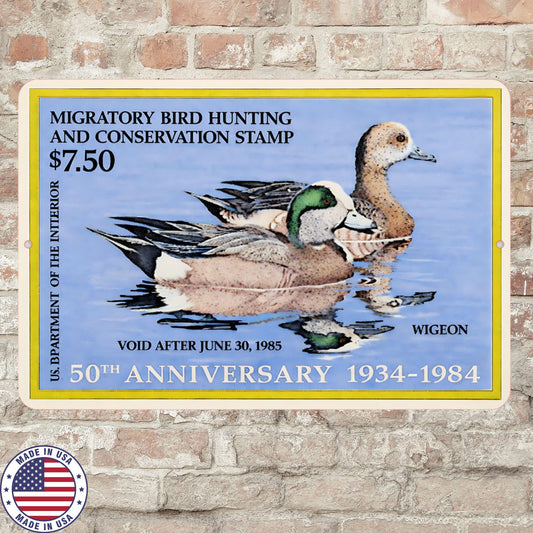 1985 Duck Stamp Metal Sign | Wigeon Hunting Conservation Wall Art | Vintage Waterfowl Aluminum Cabin Lodge Decor