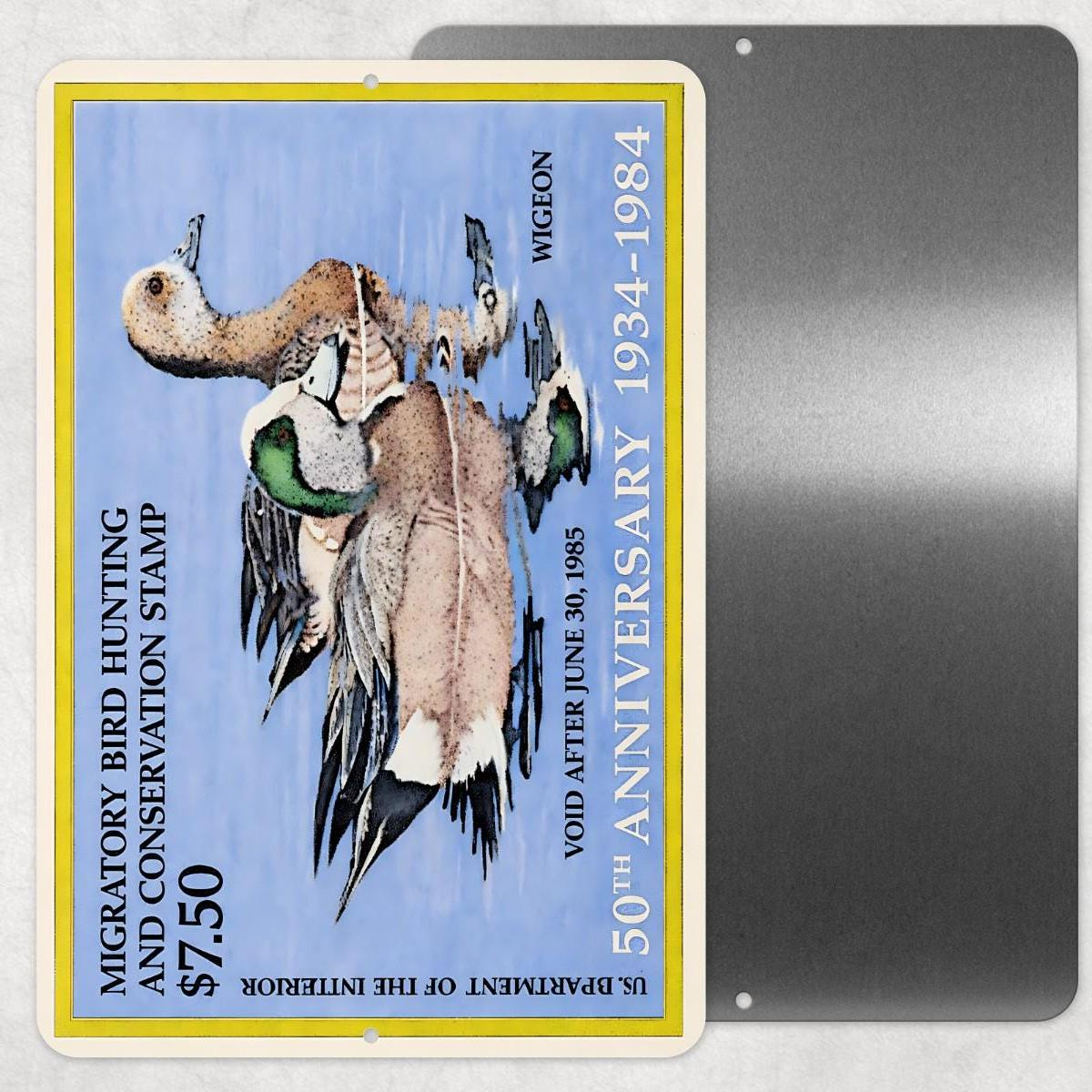 1985 Duck Stamp Metal Sign | Wigeon Hunting Conservation Wall Art | Vintage Waterfowl Aluminum Cabin Lodge Decor