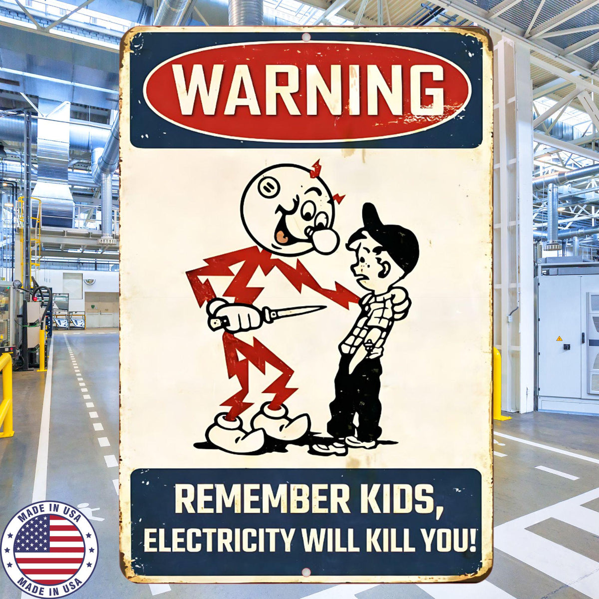 Funny Electricity Warning Metal Sign | Vintage Safety Humor Wall Decor | 8x12 Aluminum Workshop Garage Sign
